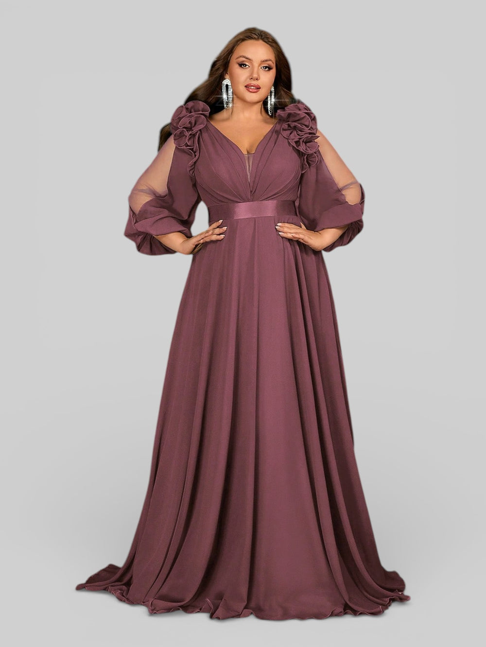 Vestido de Festa Plus Size Manga Longa Flores - Aurea Dress