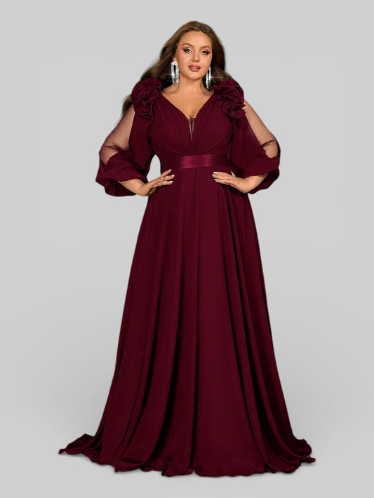 Vestido de Festa Plus Size Manga Longa Flores - Aurea Dress