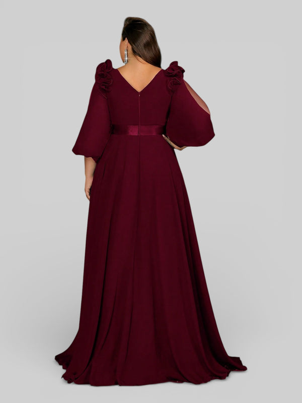 Vestido de Festa Plus Size Manga Longa Flores - Aurea Dress