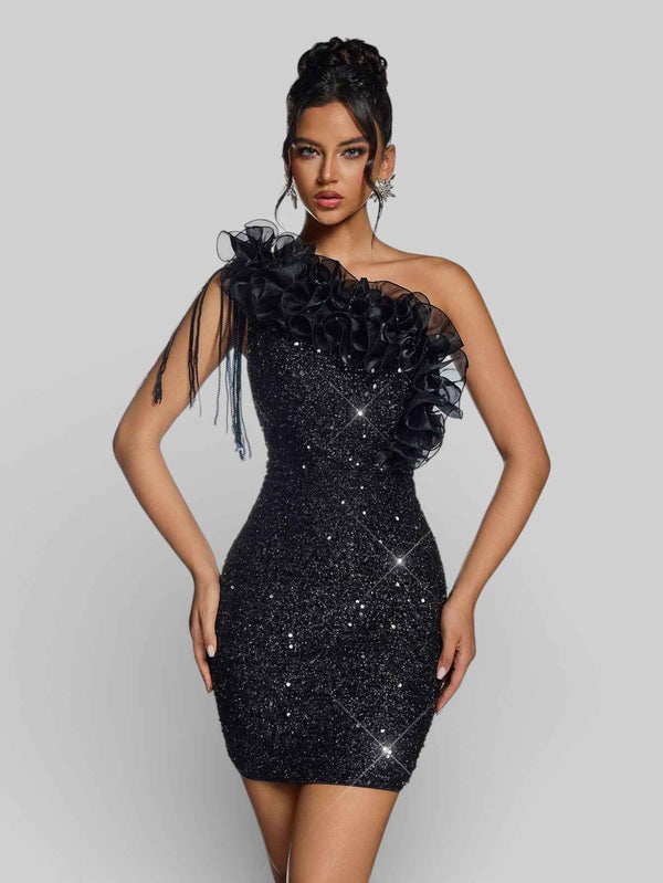 Vestido de Festa Curto Alça Única Paetê Flores