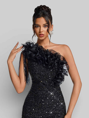 Vestido de Festa Curto Alça Única Paetê Flores