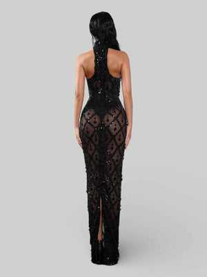 Vestido de Festa Super Luxo Gola Alta Cristais