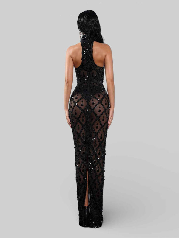 Vestido de Festa Super Luxo Gola Alta Cristais