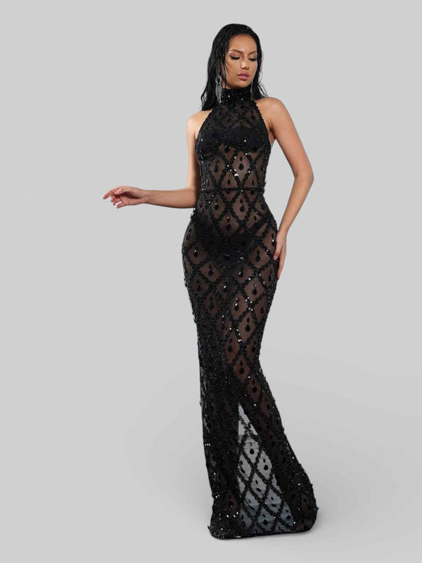 Vestido de Festa Super Luxo Gola Alta Cristais