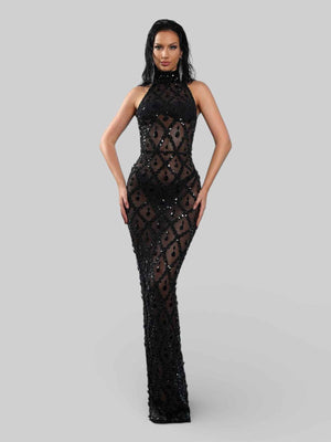 Vestido de Festa Super Luxo Gola Alta Cristais