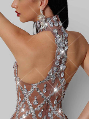 Vestido de Festa Super Luxo Gola Alta Cristais