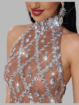Vestido de Festa Super Luxo Gola Alta Cristais