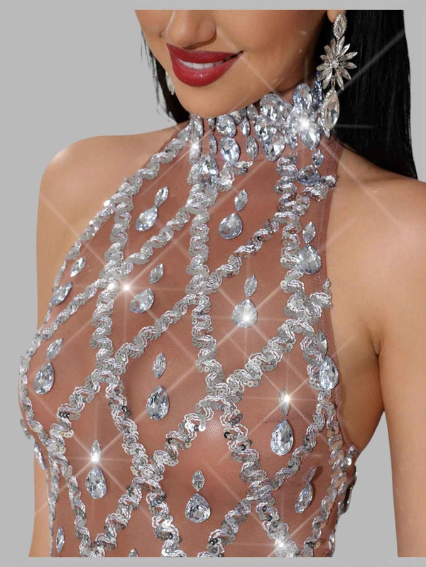 Vestido de Festa Super Luxo Gola Alta Cristais