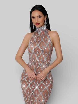 Vestido de Festa Super Luxo Gola Alta Cristais