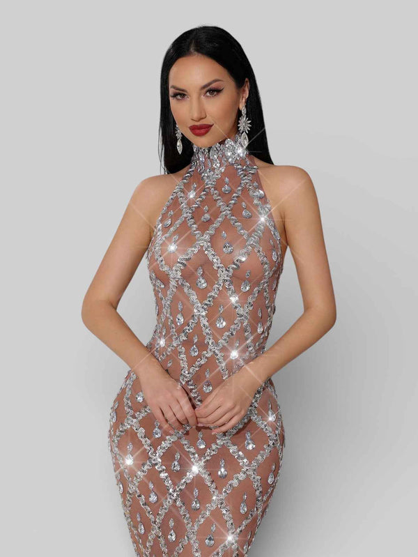 Vestido de Festa Super Luxo Gola Alta Cristais