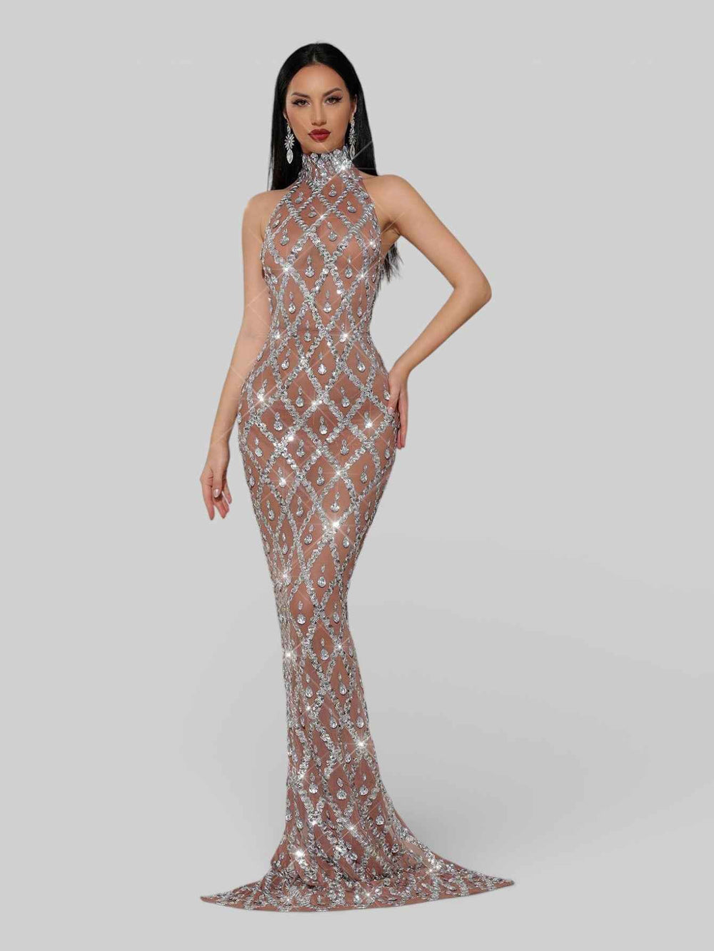 Vestido de Festa Super Luxo Gola Alta Cristais