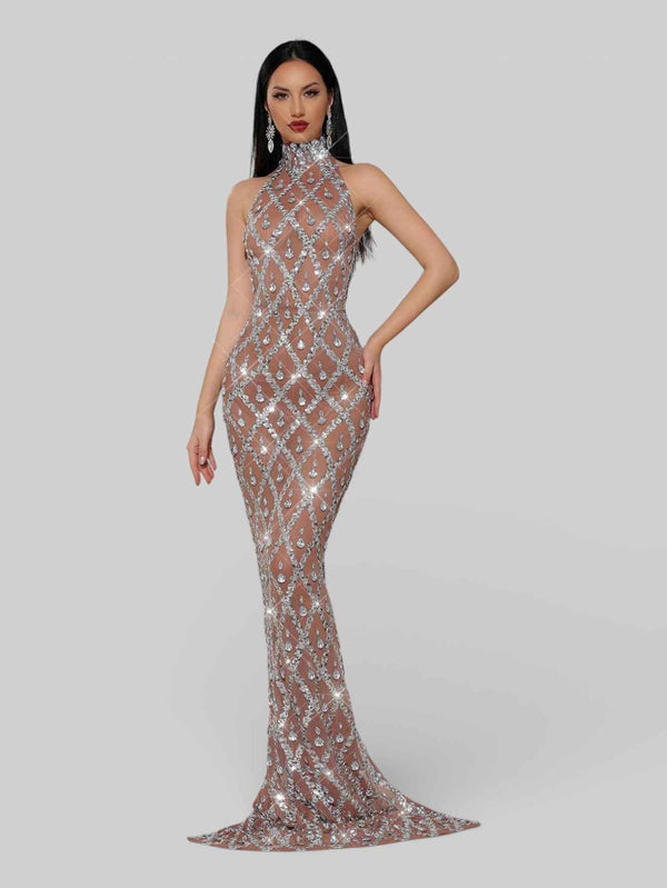 Vestido de Festa Super Luxo Gola Alta Cristais