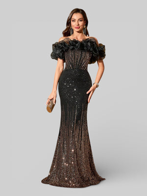 Vestido de Festa Sereia Ombro a Ombro Paetê Flowers - Aurea Dress