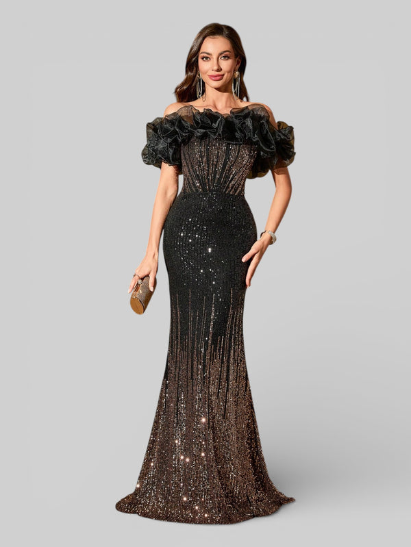 Vestido de Festa Sereia Ombro a Ombro Paetê Flowers - Aurea Dress