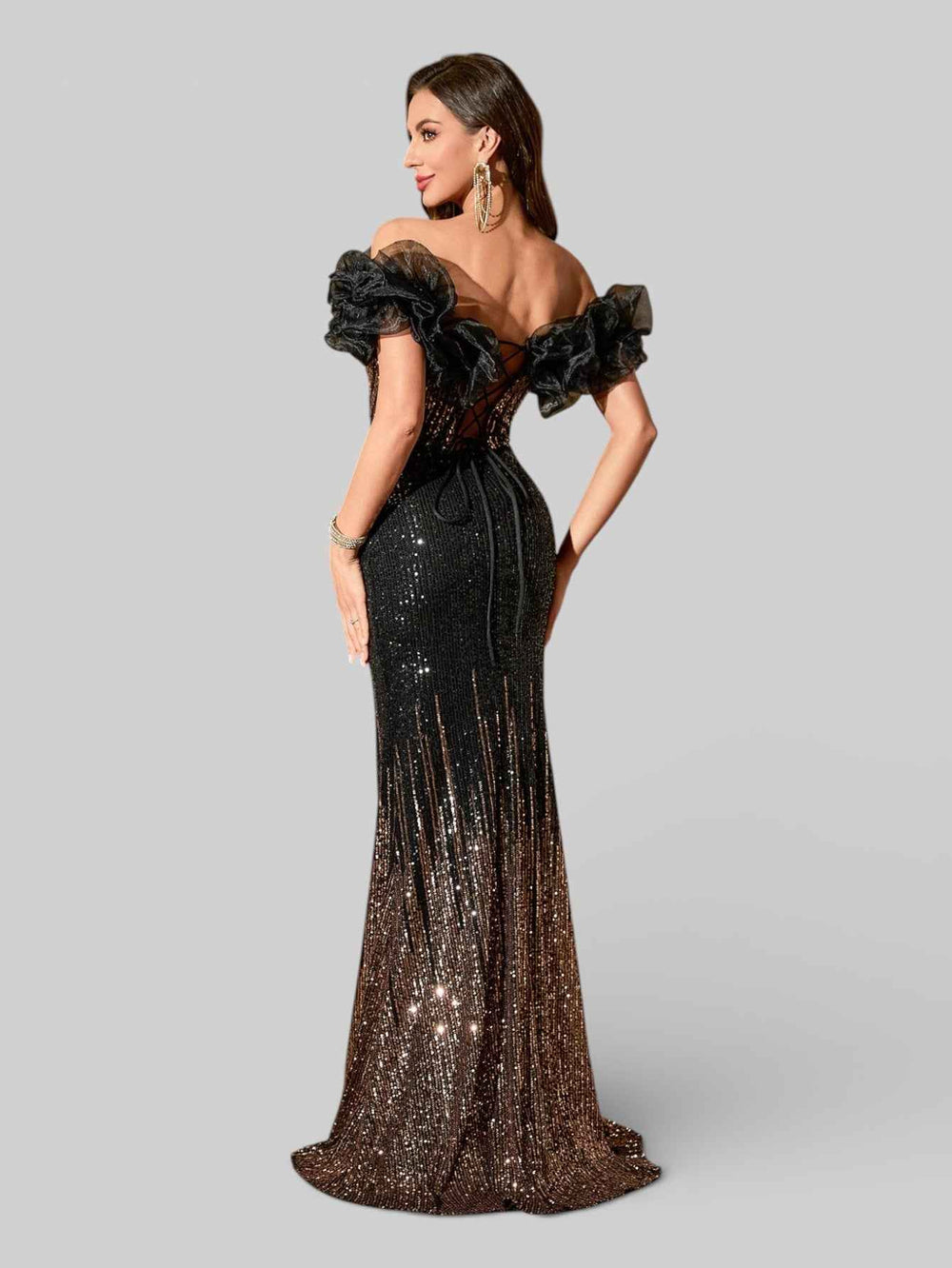 Vestido de Festa Sereia Ombro a Ombro Paetê Flowers