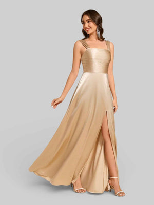 Vestido de Festa com Fenda Gola Quadrada Acetinado