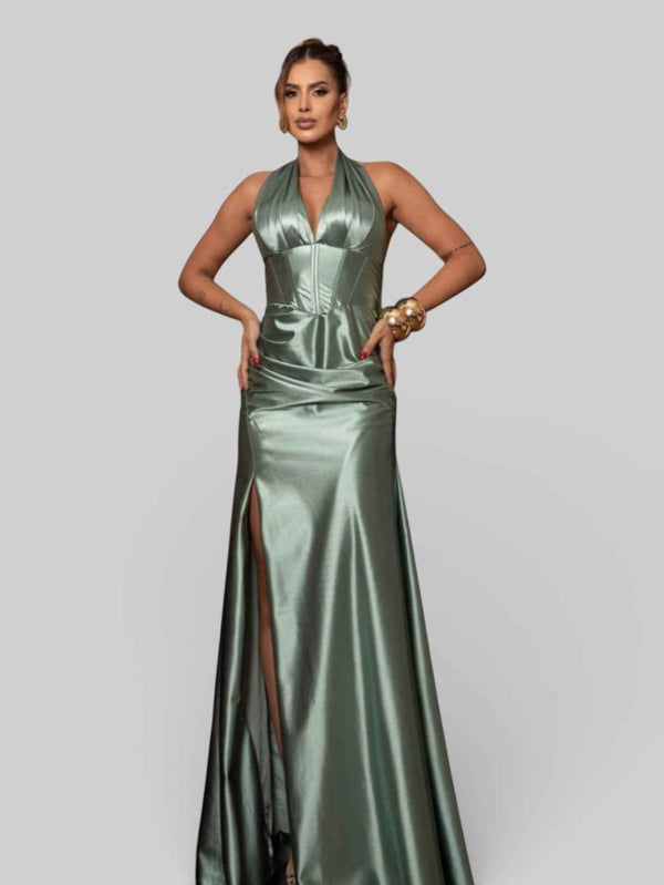 Vestido de Festa Acetinado com Fenda Vellar