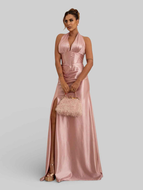 Vestido de Festa Acetinado com Fenda Vellar