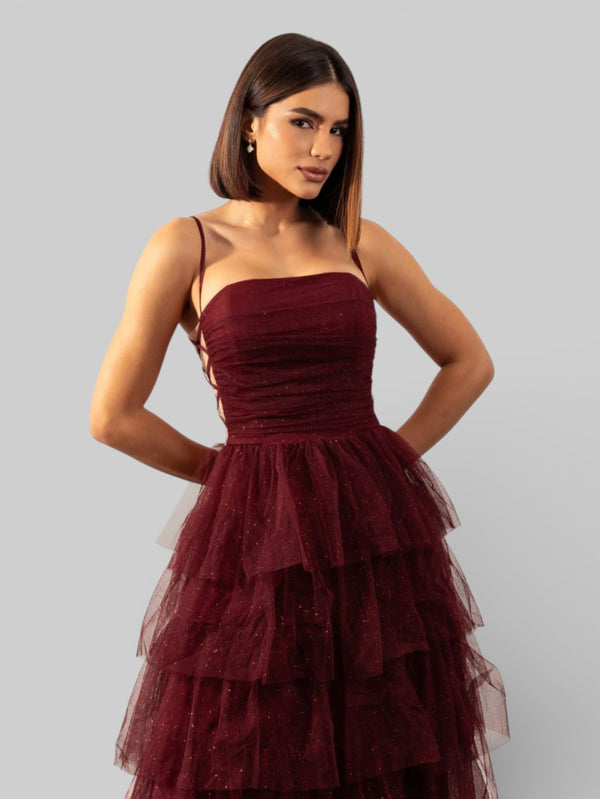 Vestido de Festa Longo com Brilho em Camadas Dublin - Aurea Dress