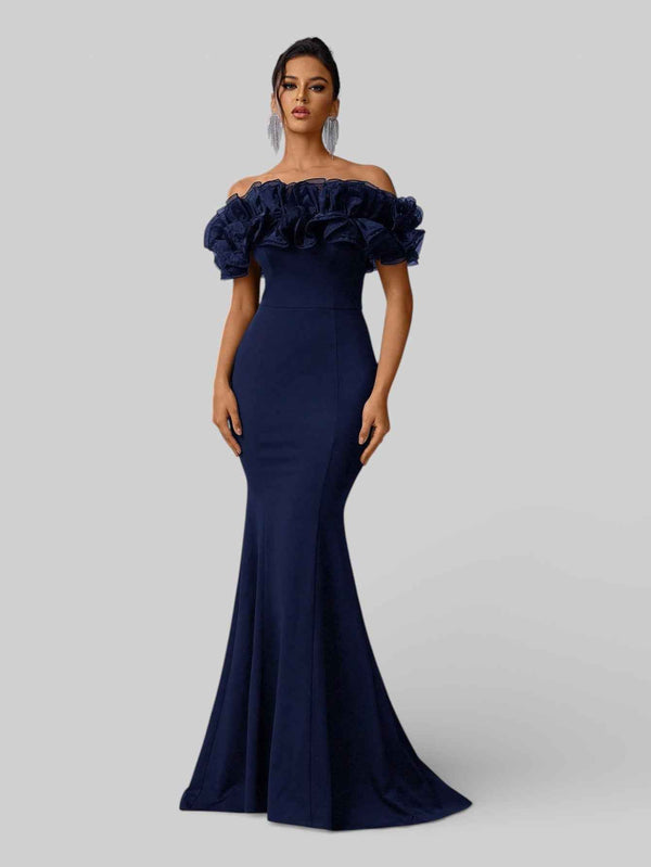 Vestido de Festa Plus Size Ombro a Ombro Flowers