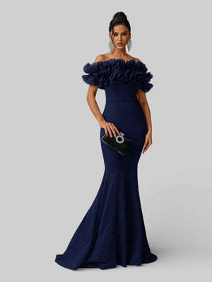 Vestido de Festa Plus Size Ombro a Ombro Flowers