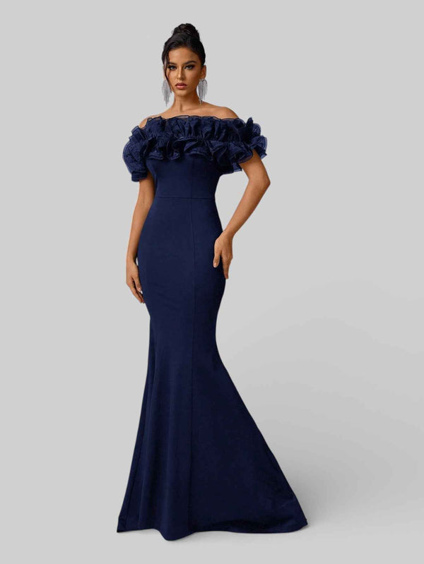 Vestido de Festa Plus Size Ombro a Ombro Flowers