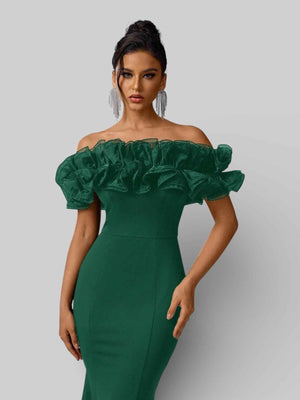 Vestido de Festa Plus Size Ombro a Ombro Flowers
