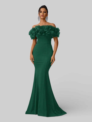 Vestido de Festa Plus Size Ombro a Ombro Flowers