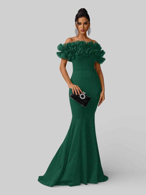 Vestido de Festa Plus Size Ombro a Ombro Flowers