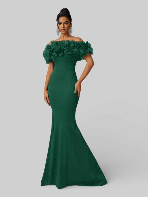 Vestido de Festa Plus Size Ombro a Ombro Flowers
