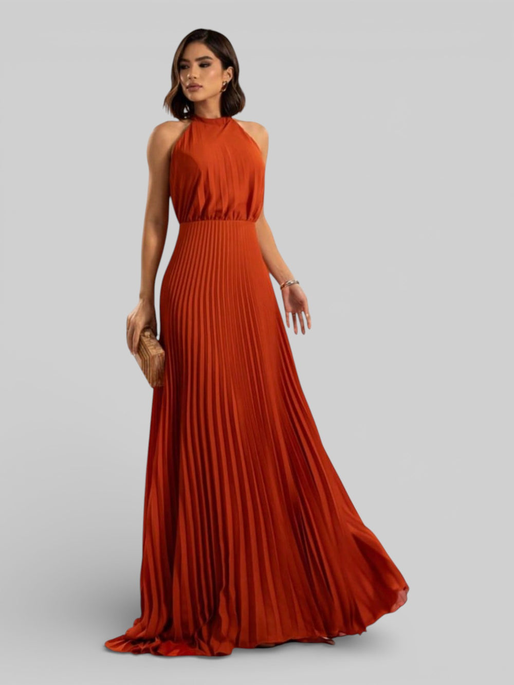 Vestido de Festa Plissado Gola Halter Ruby