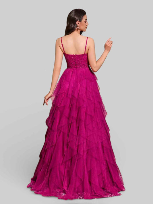 Vestido Longo de Festa em Camadas Cascata em Tule Debut