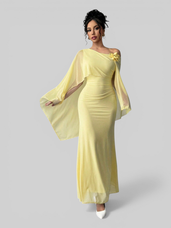 Vestido de Festa Longo Com Capa e Flor Flamesqui