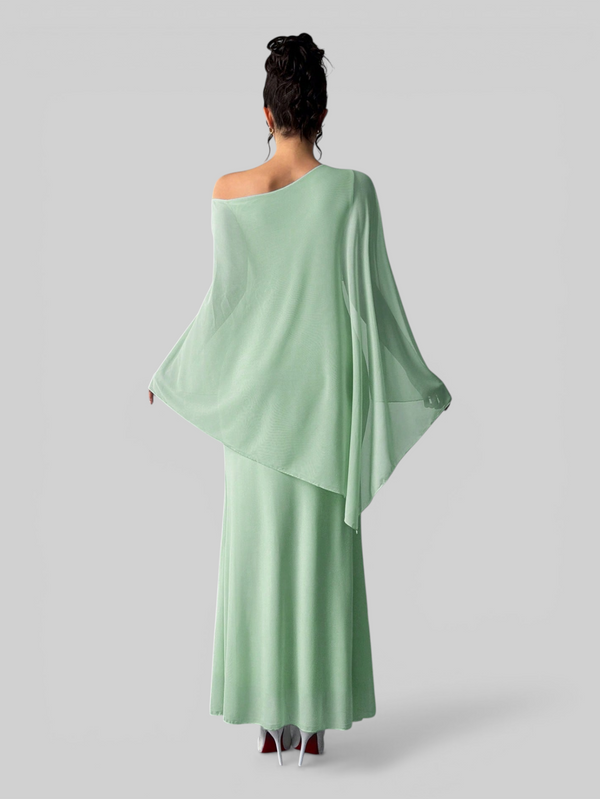 Vestido de Festa Longo Com Capa e Flor Flamesqui