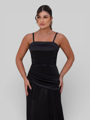 Vestido Longo de Festa Acetinado Gola Reta Drapeado - Aurea Dress