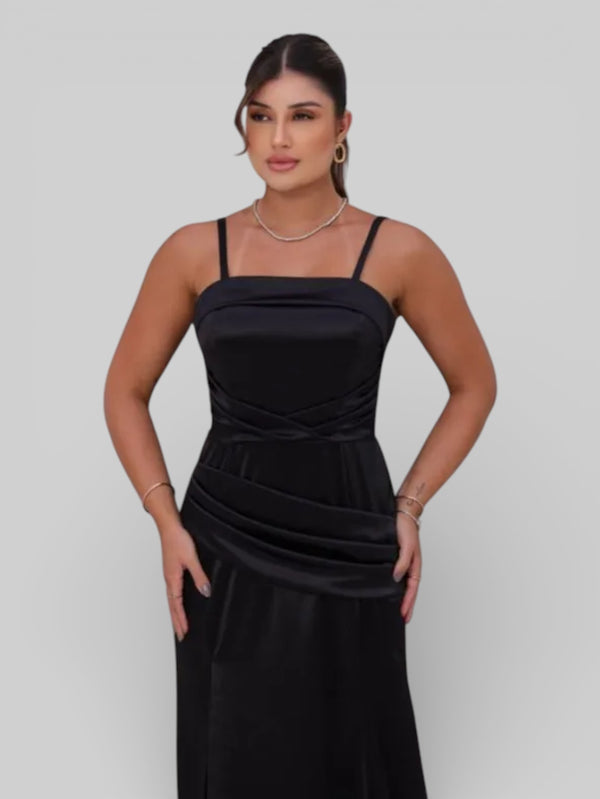 Vestido Longo de Festa Acetinado Gola Reta Drapeado - Aurea Dress