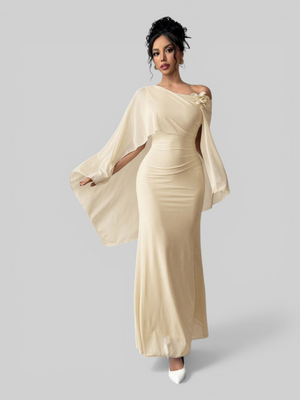 Vestido de Festa Longo Com Capa e Flor Flamesqui