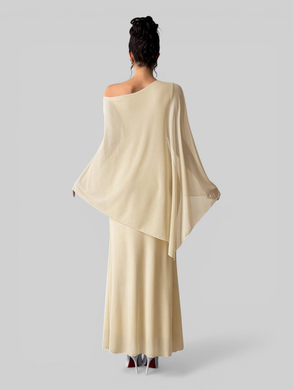 Vestido de Festa Longo Com Capa e Flor Flamesqui