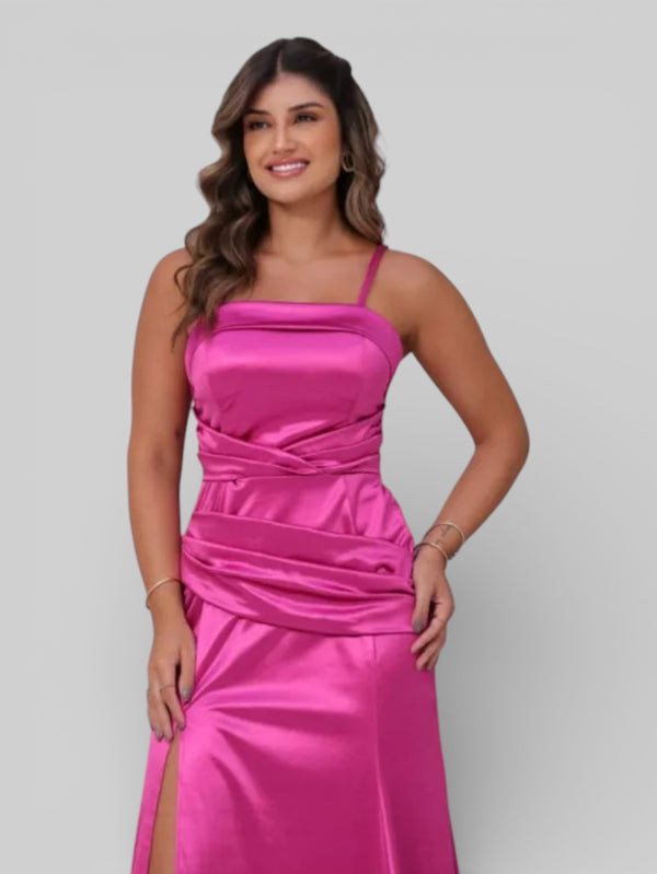 Vestido Longo de Festa Acetinado Gola Reta Drapeado - Aurea Dress
