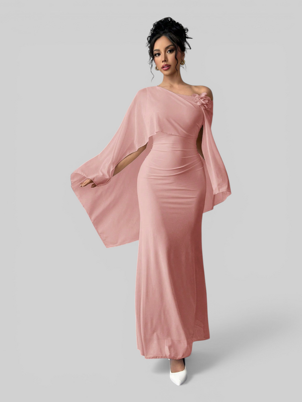 Vestido de Festa Longo Com Capa e Flor Flamesqui