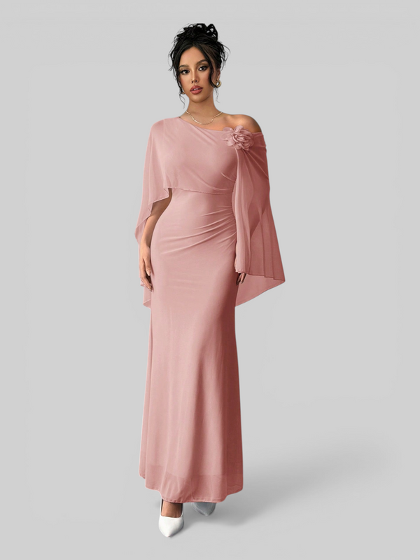 Vestido de Festa Longo Com Capa e Flor Flamesqui