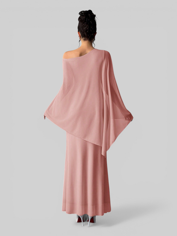 Vestido de Festa Longo Com Capa e Flor Flamesqui
