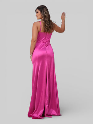 Vestido Longo de Festa Acetinado Gola Reta Drapeado - Aurea Dress