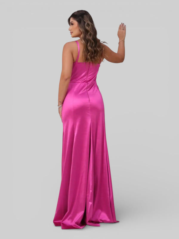 Vestido Longo de Festa Acetinado Gola Reta Drapeado - Aurea Dress