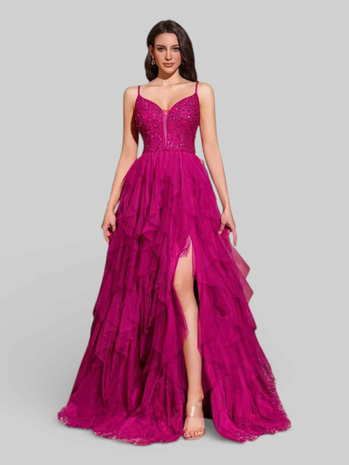 Vestido Longo de Festa em Camadas Cascata em Tule Debut