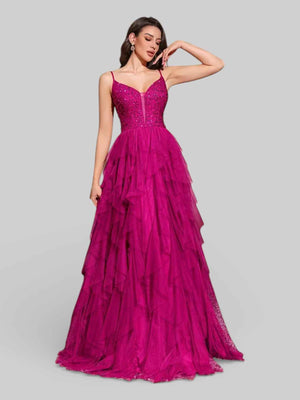 Vestido Longo de Festa em Camadas Cascata em Tule Debut