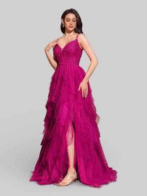 Vestido Longo de Festa em Camadas Cascata em Tule Debut