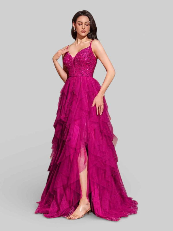 Vestido Longo de Festa em Camadas Cascata em Tule Debut