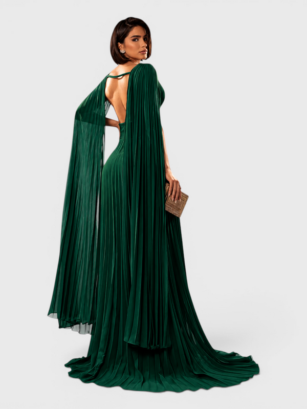 Vestido de Festa Longo Plissado com Capa Dupla Belvita