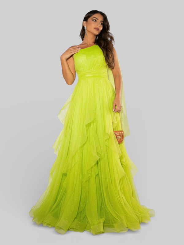 Vestido de Festa Alça Única Tule em Camadas Cascata - Aurea Dress